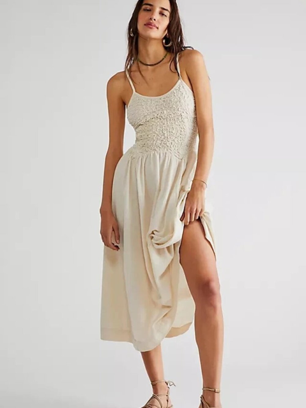 Free People Summer Chapter Midi Dress Tie-Back Straps Smocked S